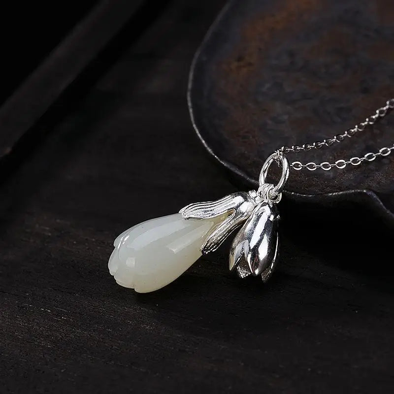 S925 Sterling Silver Classical Hetian Jade Magnolia Lady Simple Small Exquisite Jade Pendant Women
