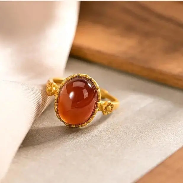 Natural Hetian Jade Palace Style Carnelian Ring Big Egg Noodles S925 Sterling Silver Ancient Gold Craft Female Ring Ornament
