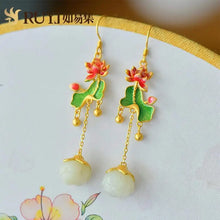 Load image into Gallery viewer, Natural Jade Green Lotus Beads Eardrops Antique Earrings Retro Chinese Style Colored Enamel Glaze Lotus Leaf Lotus Sterling

