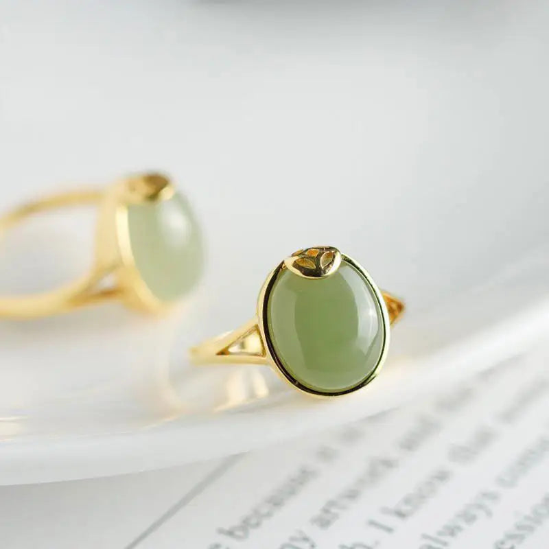 S925 Sterling Silver Inlaid Natural Hetian Jade Oval Egg Surface Simple Retro Elegant Coin Open Ring for Women