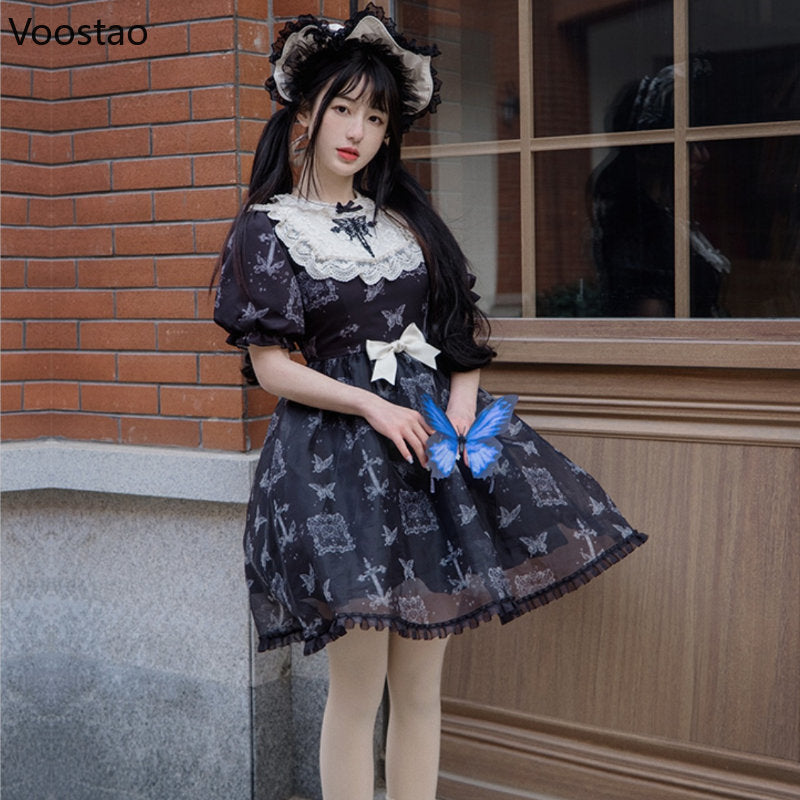 Japanese Gothic Lolita OP Dress Kawaii Dark Butterfly Print Lace Ruffles Party Dress With Removable Sleeves Girls Y2K Punk Dress