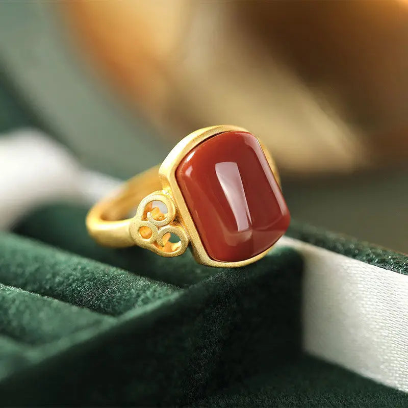 Southern Red Agate Ring Female S925 Sterling Silver Jade Court Retro Personalized Index Finger Ring Square Elegant Adjustable Br