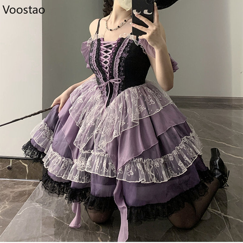 Vintage Victorian Lolita Jsk Dress Women Elegant Ruffles Lace Butterfly Embroidery Party Mini Dresses Girls Y2k Punk Vestidos