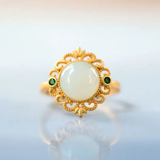 Natural Hetian Jade S925 Sterling Silver round Ring High-Grade Popular Hollow Pattern White Jade Opening Ring Ornament