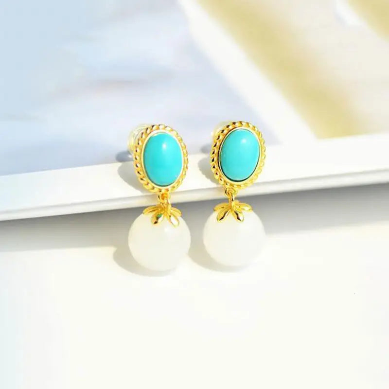 Raw Ore Natural Turquoise S925 Sterling Silver Lace Exquisite Hetian Jade White Jade Stud Earrings Elegant and Ethnic Style Simp