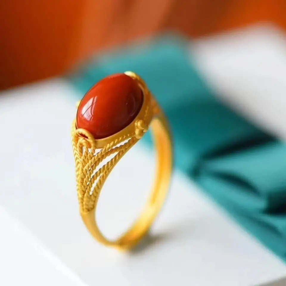 Natural South Red Agate Ring Female S925 Sterling Silver Inlaid Gilding Craft Simple Fashion Elegant Adjustable Size