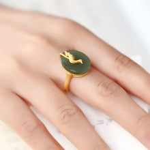 Load image into Gallery viewer, S925 Sterling Silver Egg Noodle Ring Inlaid Natural Hetian Jade Gray Jade Cloud Crane Simple Ornament
