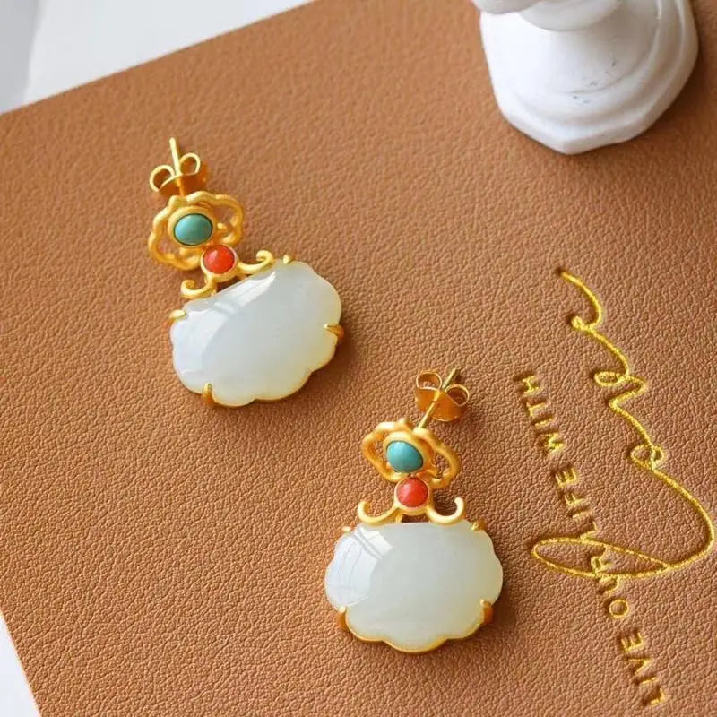 New Ancient Style Turquoise S925 Sterling Silver Chinese Classical White Jade Purse Lock of Good Wishes Court Stud Earrings