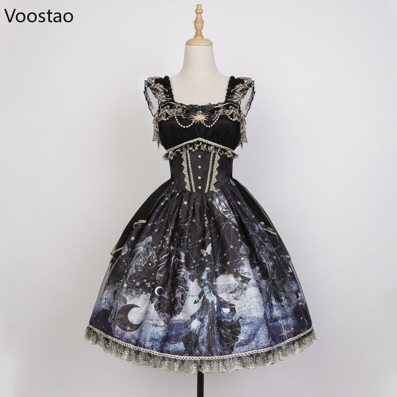 Japanese Gothic Lolita Jsk Dress Vintage Dark Lace Mesh Bow Fairy Fish Print Harajuku Party Dresses Girls Punk Suspender Vestido