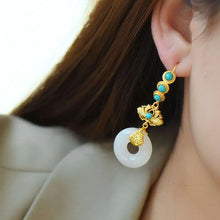 Load image into Gallery viewer, Natural Hetian White Jade Peace Buckle Eardrops Sterling Silver Gold Plated Turquoise Earrings Ethnic Style Graceful Earrings
