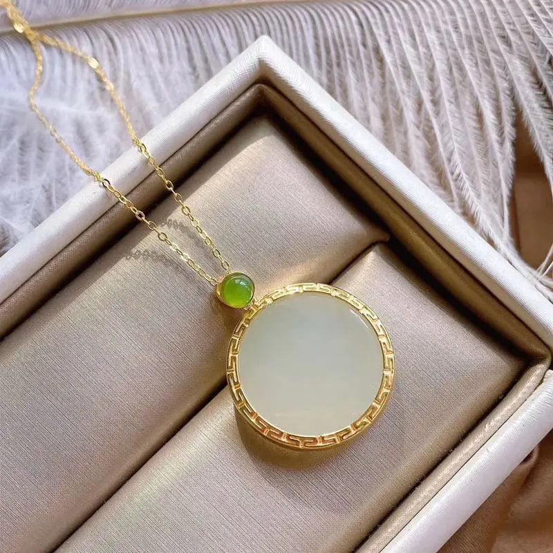 S925 Silver Inlaid Hetian Jade round Brand Jasper Women's Sweater Chain Clavicle Chain Simple All-Match Jade Necklace Pendant