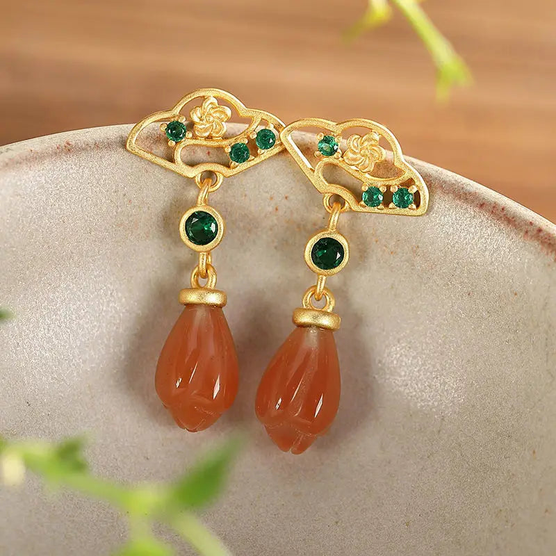 Southern Red Agate Eardrops Earrings S925 Sterling Silver Gold Plated Magnolia Retro Personalized Earrings 2020 New Women's
