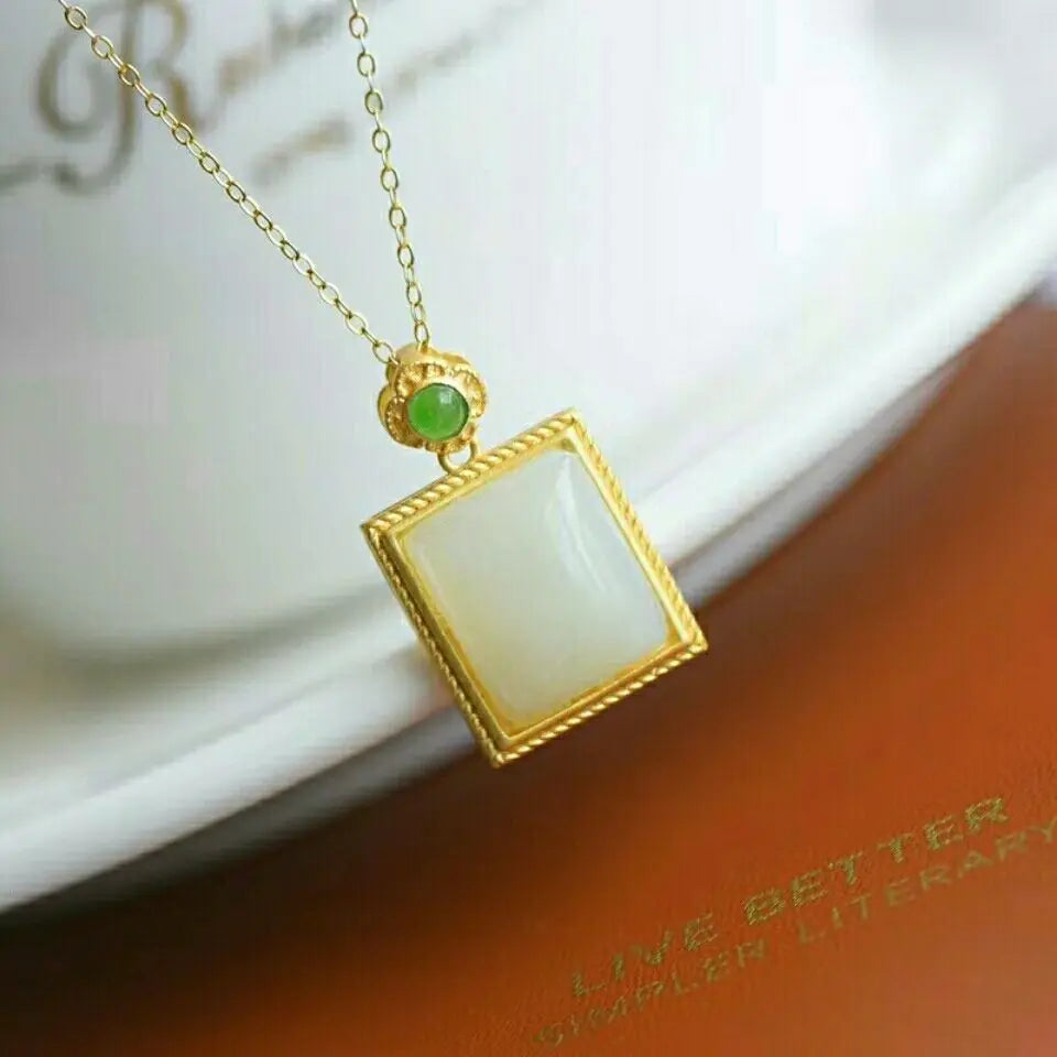 Original Design Lucky Pendant Hetian Square White Jade Pendant S925 Sterling Silver Necklace Women's Simple and High-End Clavicl