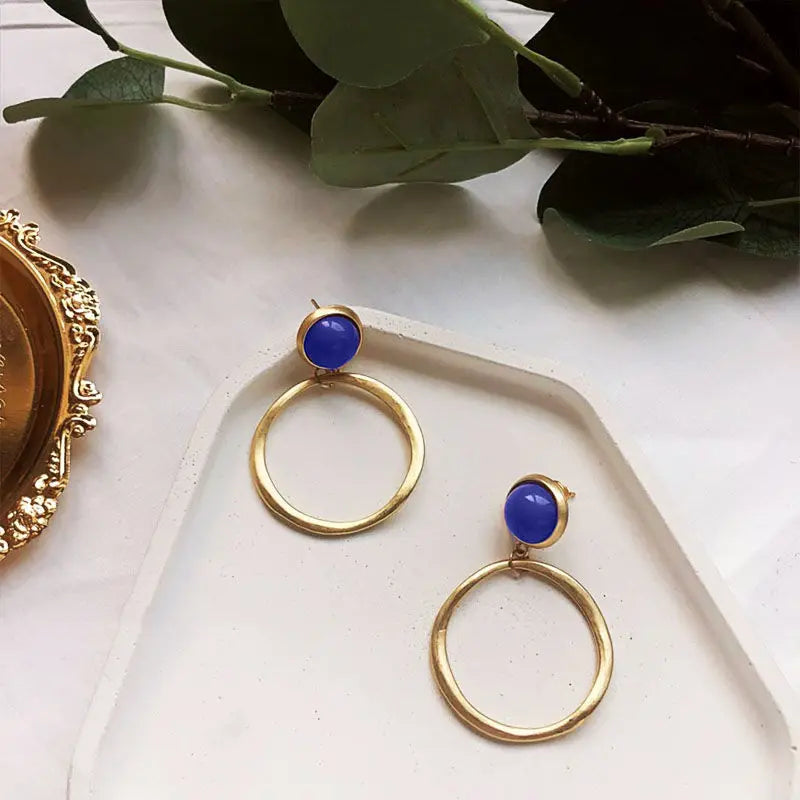 Natural Hetian Jade Lapis Lazuli Stud Earrings Vintage European and American Style Large Circle Earrings Temperamental, Simple