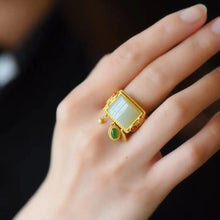 Load image into Gallery viewer, Mushan Natural Hetian Jade Ring Ancient S925 Sterling Silver Square Ring Elegant Retro Palace Style Open Ring Women
