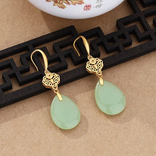 Load image into Gallery viewer, Ancient Gold 925 Sterling Silver Green Chalcedony Retro Style National Fashion Simple Large Water Drop Earrings Chinese Style
