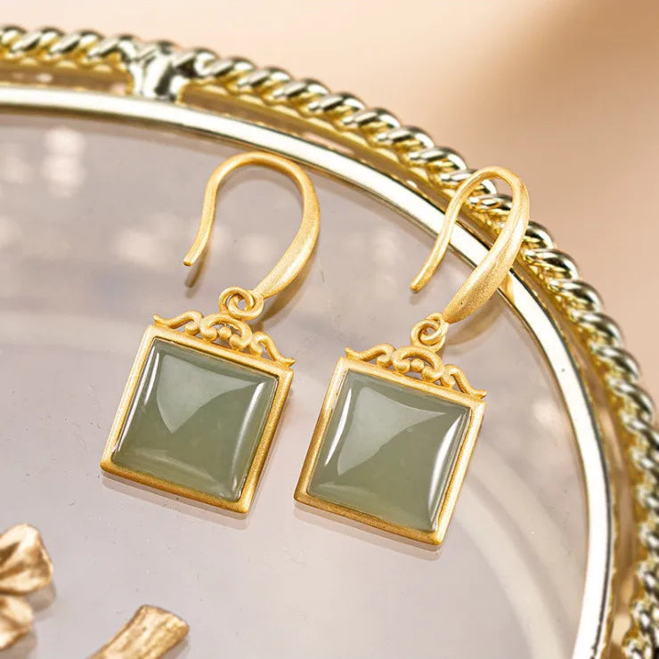 Natural Hetian Gray Jade Geometric Earrings Sterling Silver S925 Xiangyun Square Jade Earrings Trendy Earrings Ethnic Style