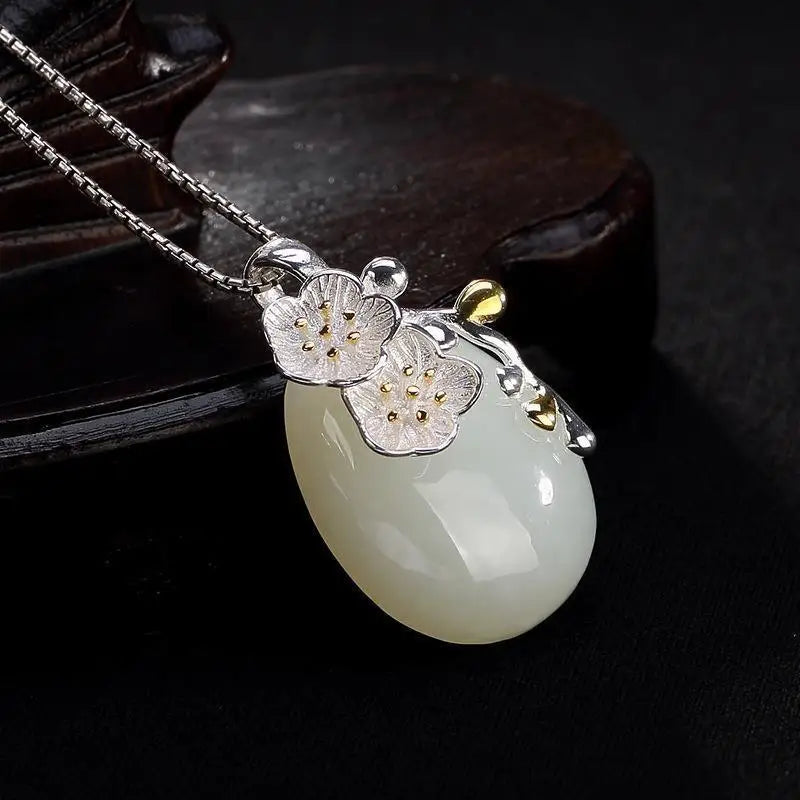 Original S925 Sterling Silver Inlaid Natural Hetian Jade White Jade Plum Blossom Lady High-End All-Match Pendant Fidelity