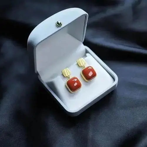 Natural South Red Agate Earrings S925 Sterling Silver Earrings Simple Big Name All-Matching Fashion Earrings Square Ethnic Style