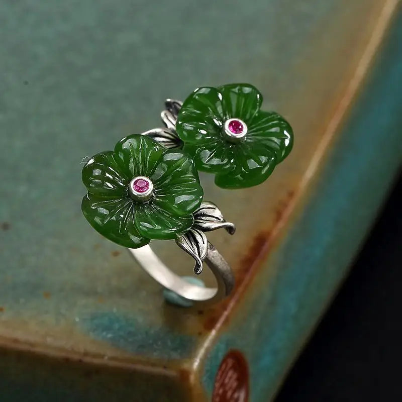 Natural Hetian Jade Green Jade Double-Headed Plum Blossom Ring S925 Silver Vintage Women's Open Index Finger Ring Gifts for Moms