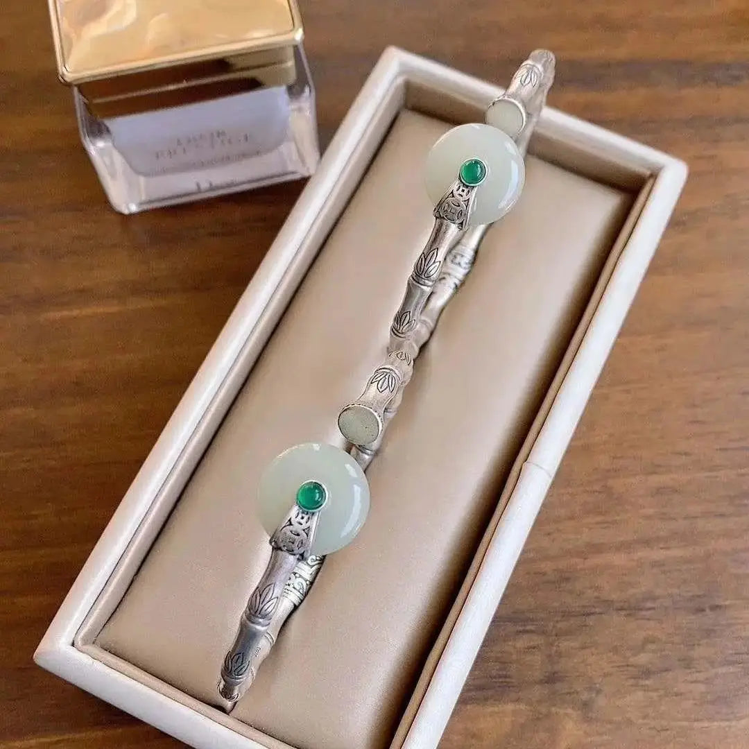 Natural Hetian Jade Bracelet S925 Sterling Silver round Jade Pendant Vintage Bamboo Joint Simple Opening Silver Bracelet Women's