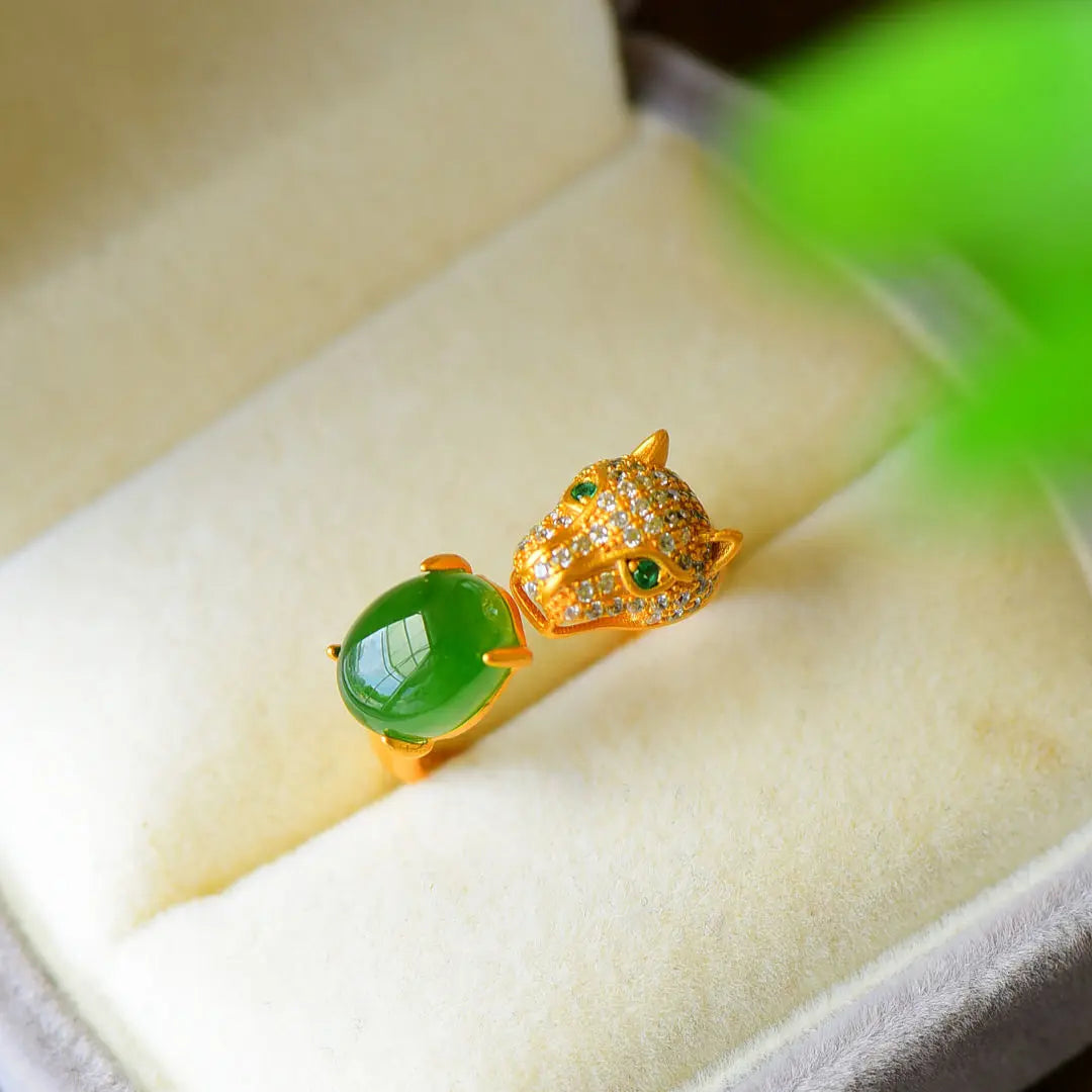 Ancient Style Domineering Leopard Head Ring Novel Unique Fashion Elegant S925 Sterling Silver Inlaid Hetian Jade Green Jade Ring