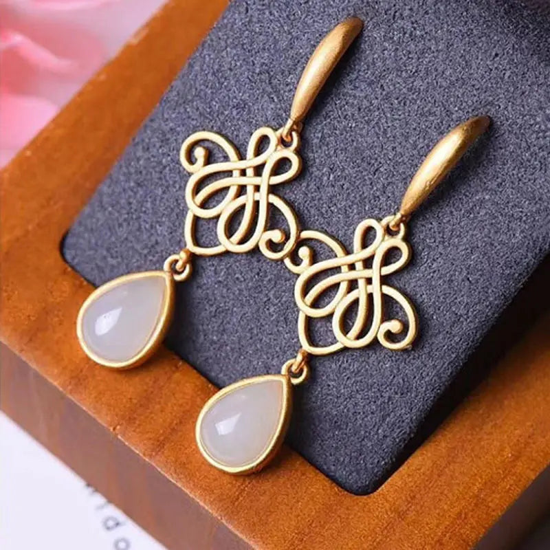 Natural Hetian Jade White Jade Water Drop Chinese Knot Earrings S925 Sterling Silver Ladies Fashion All-Match High Sense Ornamen