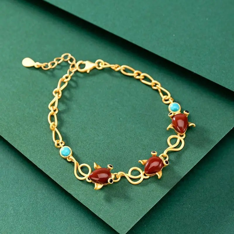 Original S925 Sterling Silver Gold Natural South Red Agate Green Goddess with Creative Small Fish Goldfish Ladies Bracelet