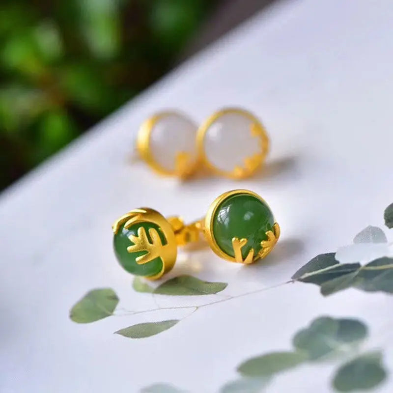 Natural Hetian White Jade Jasper Inlaid S925 Sterling Silver Ancient Style Thick Gold Stud Earrings Fashion Popular Classic Orna