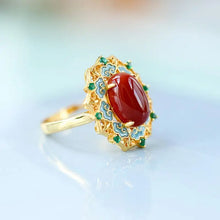 Load image into Gallery viewer, S925 Sterling Silver Gold Plated Natural South Red Agate Enamel Ruyi Ethnic Style Open Adjustable Ring Retro Female
