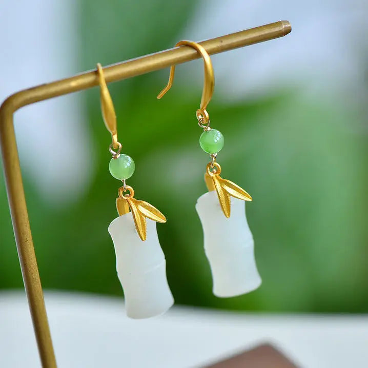 Authentic Qinghai Old Materials White Nephire High Moisturizing Hetian Jade Bamboo Earrings S925 Sterling Silver Gilding Vintage