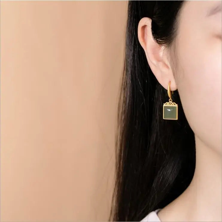 Natural Hetian Gray Jade Geometric Earrings S925 Sterling Silver Xiangyun Square Jade Earrings Fashion Gold Ear Hook Silver Jewe