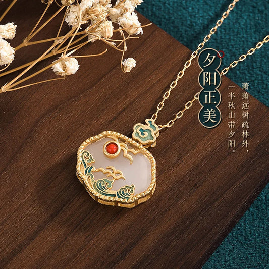 Brass Gold-Plated Synthetic Jade Safety Lock Pendant Enamel Epoxy Technology Clavicle Chain