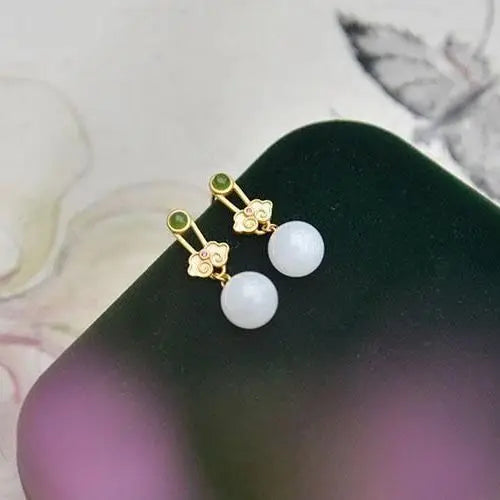 Natural Hetian Jade round White Jade Ruyi S925 Sterling Silver Female Stud Earrings Jade Antique and Ethnic Style Retro Female E