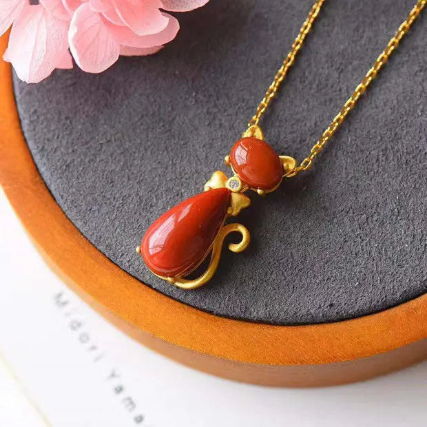 S925 Sterling Silver Gilding Ancient Gold Inlaid Southern Red Agate Cat Pendant Necklace Sweet All-Matching Pendant Clavicle