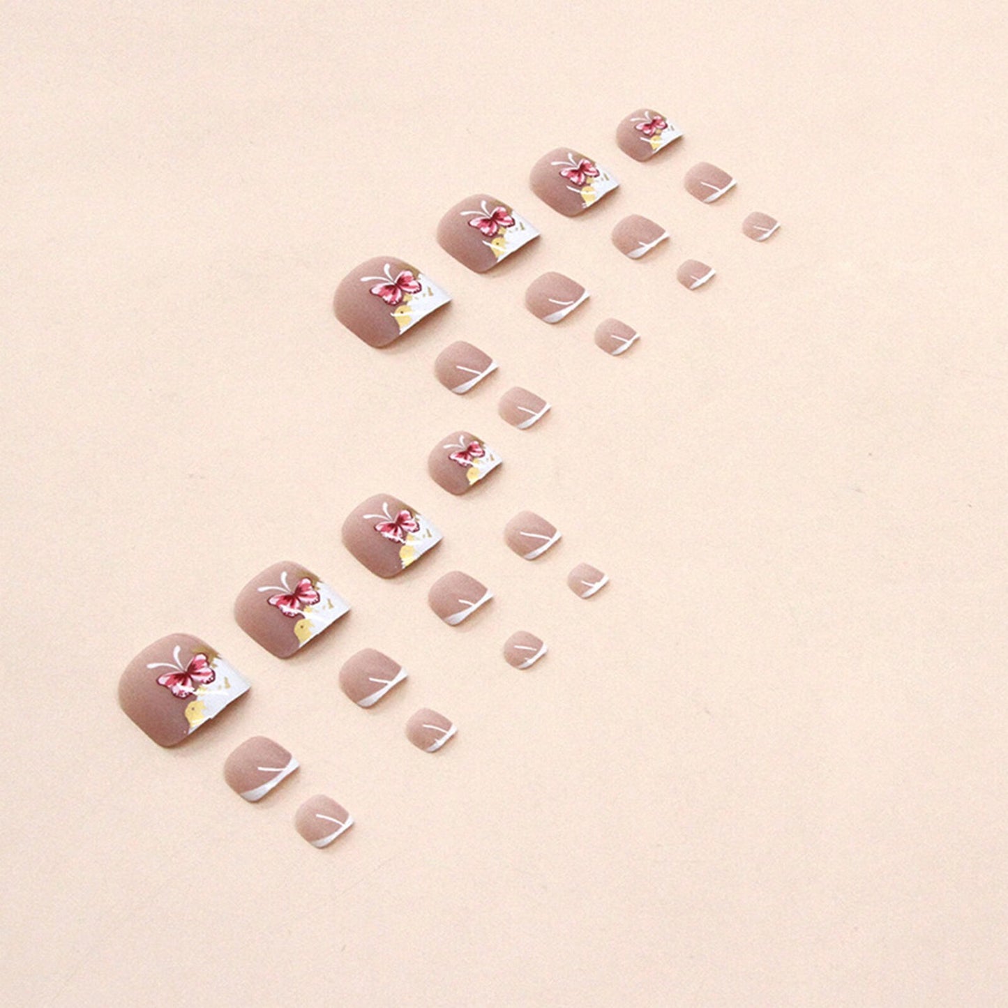 Pink Butterfly Fake Toenails With Designs Press On Nail Tips Classic White French False Toenails For Girls Decoration Nails Art