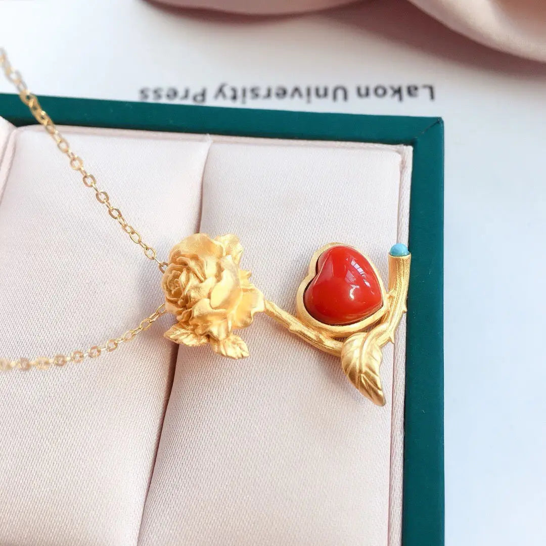 S925 Sterling Silver Gold Plated Natural South Red Agate Egg Noodles with Carved Tassels Exquisite Personalized Eardrops Women's