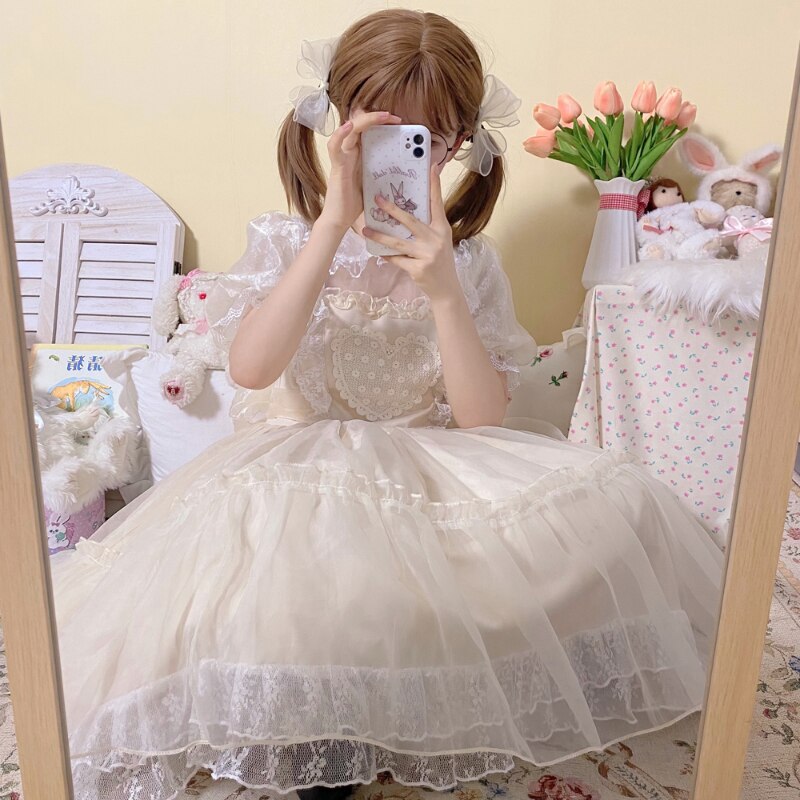 Japanese Sweet Lolita Princess Dress Women Kawaii Lace Ruffles Heart Embroidery Party Dresses Girls Cute Puff Sleeve Cake Dress