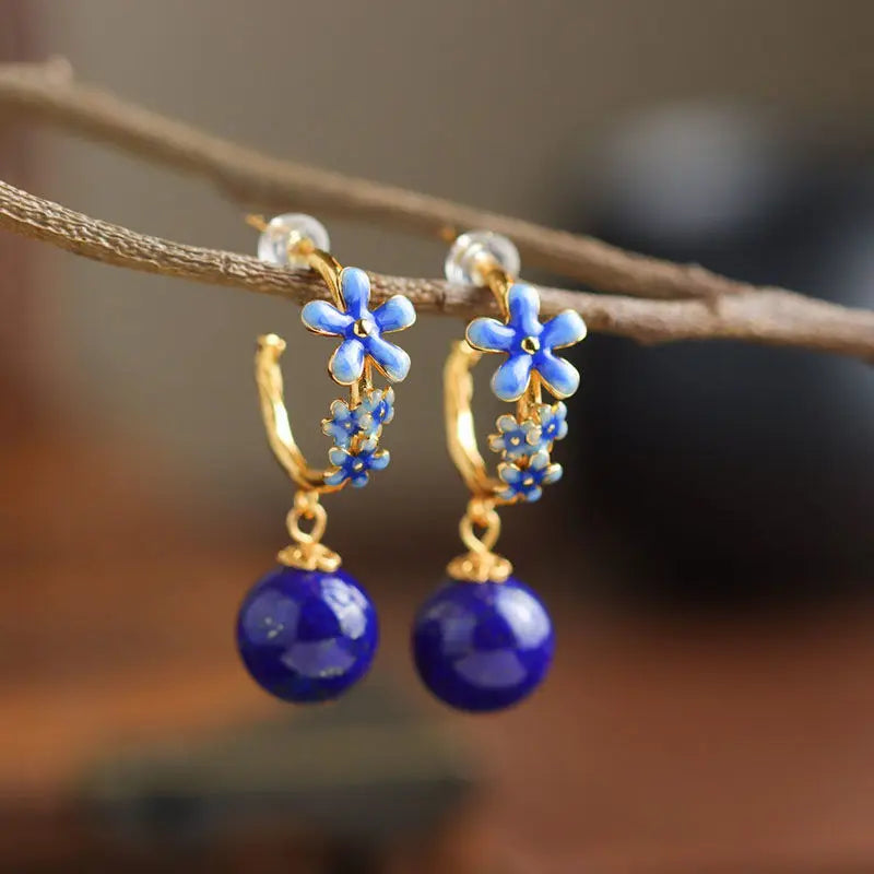 Natural Lapis Lazuli Earrings Women's S925 Sterling Silver Vintage Burnt Blue Earrings Niche Original Design Blue Flower