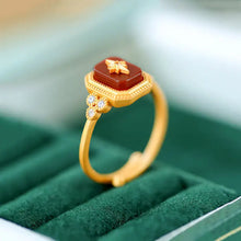 Load image into Gallery viewer, Natural Hetian Jade Square Plate XINGX Ring Inlaid with S925 Sterling Silver Gold Plated Southern Red Agate Ring Chinese Style
