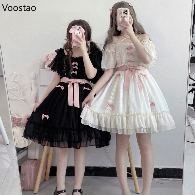 Japanese Kawaii Lolita Jsk Dress Women Gothic Elegant Bow Lace Ruffles Princess Party Dresses Girls Sweet Off Shoulder Dress