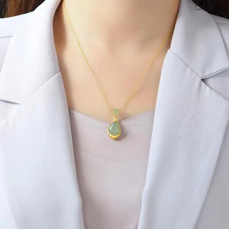 Natural Hotian Jade Pendant Sterling Silver Mosaic Jade Necklace Sweater Chain Clavicle Chain Gift Simple Fashion