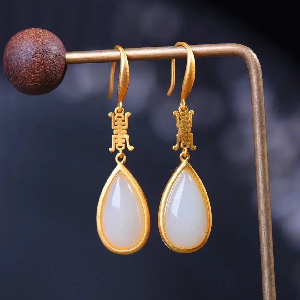 Antique Eardrops Hanfu Super Fairy Chinese Style Palace Style Natural Hetian Jade Drop-Shaped Jade Earrings Female Silver Access