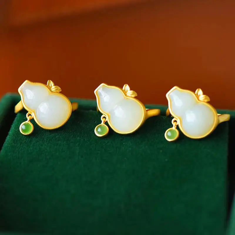 Hetian Jade Gourd Ring S925 Sterling Silver Gilding Jasper Small Water Drop Retro Chinese Style Women's