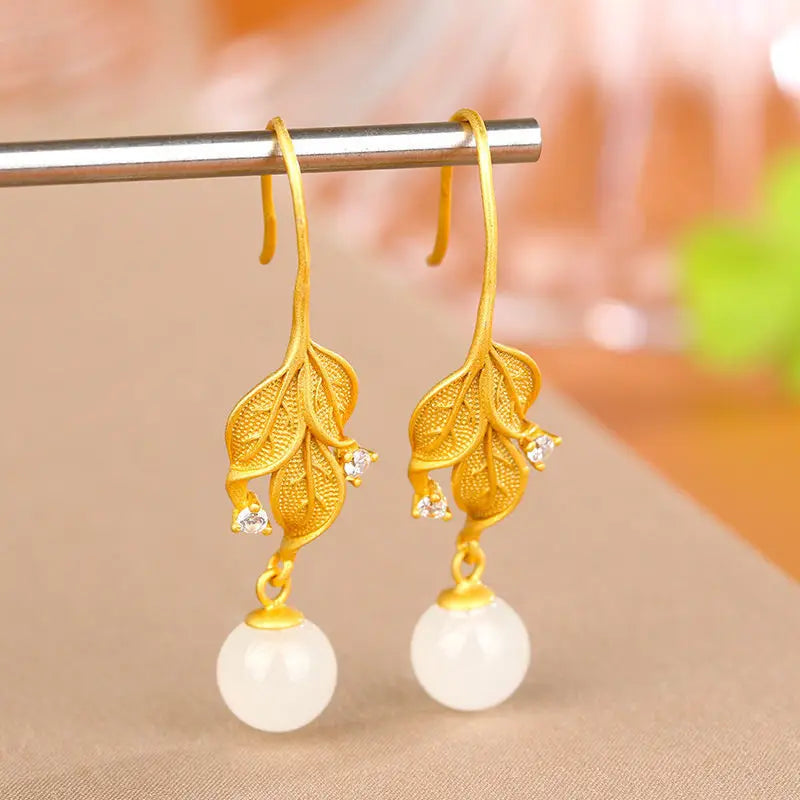S925 Sterling Silver Inlaid Natural Hetian Jade White Jade Earrings Ancient Golden Leaf Earrings Descendants of the Rich Earring