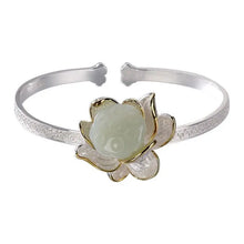 Load image into Gallery viewer, Original S925 Sterling Silver Inlaid Hetian Jade White Jade Lotus Creative Archaistic Ethnic Style Ladies Open-End Bangle
