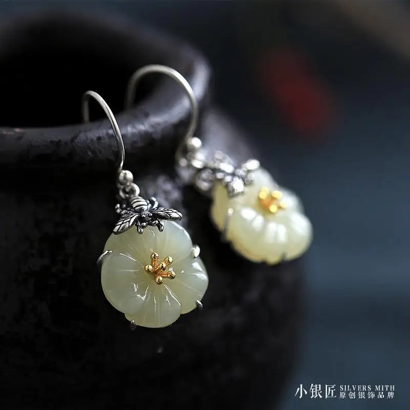 [Small Butterfly] S925 Sterling Silver Honey Picking Natural Hetian Jade Camellia Sterling Silver Handmade Distressed Earrings