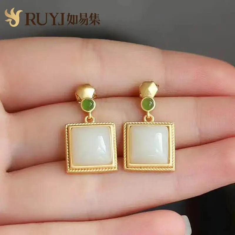 Natural Hetian Jade Small Square Brand Earrings for Women Jasper Earrings Chinese Retro Simple Graceful Sterling Silver Square