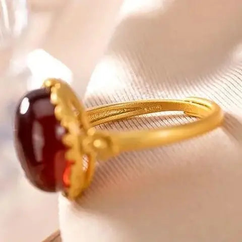 Natural Hetian Jade Palace Style Carnelian Ring Big Egg Noodles S925 Sterling Silver Ancient Gold Craft Female Ring Ornament