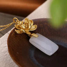 Load image into Gallery viewer, Original Design Natural Hetian White Jade Rectangular Lucky Pendant Inlaid 925 Sterling Silver Ancient Style Thick Gold Lotus Pe
